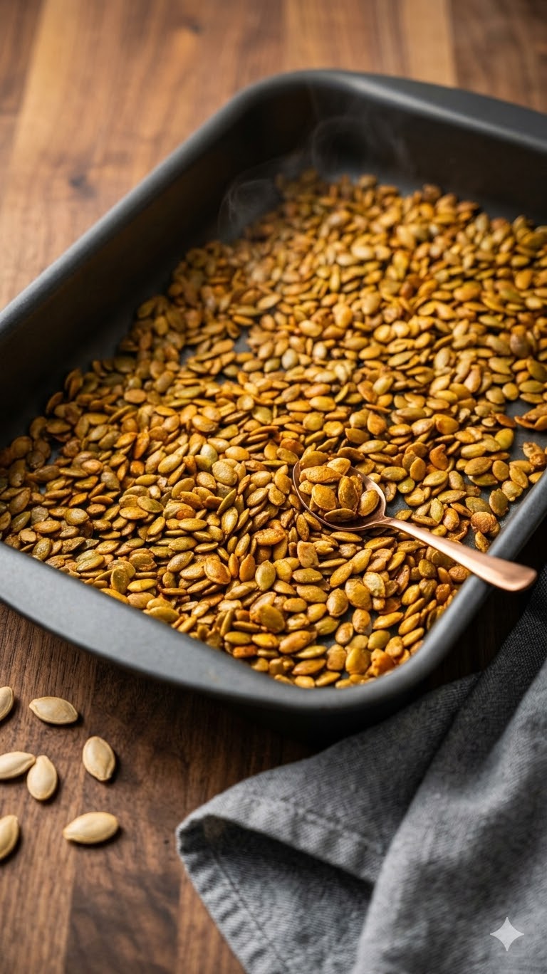 Semillas de calabaza tostándose artesanalmente en bandeja